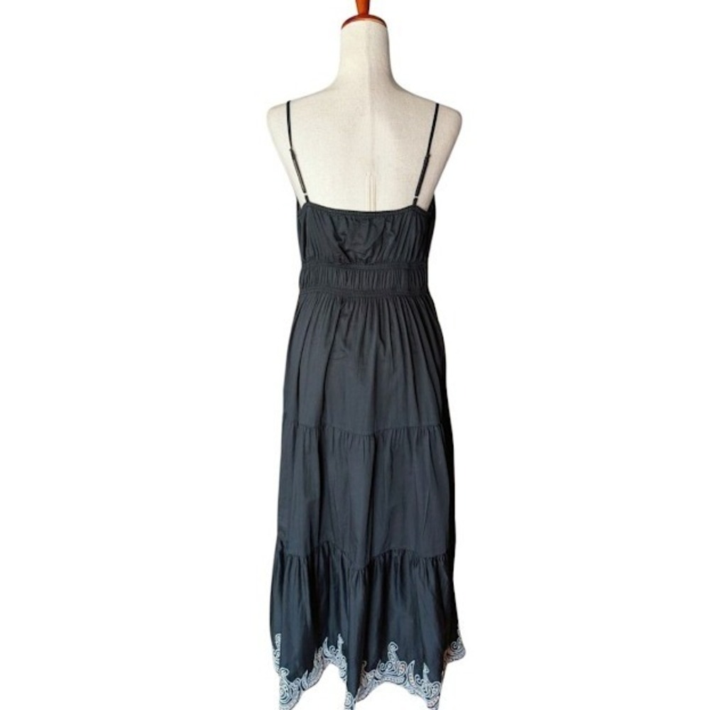GAP Black Cotton Tiered Maxi Dress Embroidered Scallop Hem Smocked Waist Size M - Picture 5 of 8